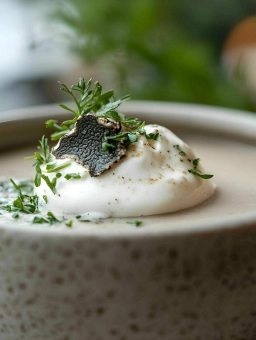 Nahaufnahme einer Suppe mit Sahnehäubchen, die in einer Hochzeitslocation im Rheingau in einer Keramikschale serviert wird