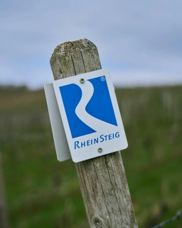 Foto von einem Holzpfahl, an dem ein Schild vom Rheinsteig hängt, der zum Wandern im Rheingau einlädt