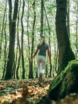 Eine Frau mit weißer Jeans läuft auf einem Wanderweg im Reingau durch einen Wald