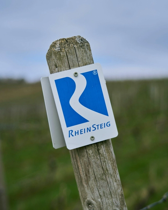 Foto von einem Holzpfahl, an dem ein Schild vom Rheinsteig hängt, der zum Wandern im Rheingau einlädt